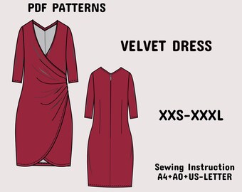 Può includere: Un'illustrazione digitale di un abito in velluto bordeaux visto davanti e dietro, con maniche a tre quarti e un davanti a portafoglio. Il testo include PDF PATTERNS, VELVET DRESS, XXS-XXXL e Sewing Instruction A4+A0+US-LETTER.