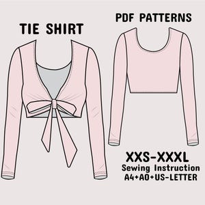 Patrón de costura para blusa con lazo delantero, blusa con lazo, patrón de blusa cruzada abierta, patrón de costura de top corto para mujer A4+A0+Carta EE. UU. + Instrucciones XXS-3XL