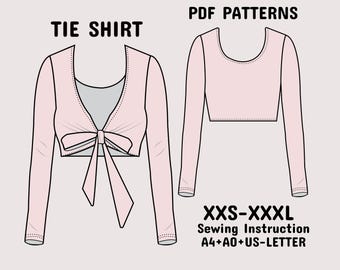 Front Tie Top Sewing Pattern, Tie Blouse, Open Front Wrap Top Pattern, Women's Crop Top Sewing Pattern A4+A0+US-Letter + Instruction XXS-3XL