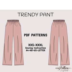 Patrón de pantalón ancho, patrón de costura para pantalón Lane, pantalón elástico holgado y moderno para mujer, patrón en A4 + A0 + carta EE. UU. + instrucciones (XXS-XXXL)