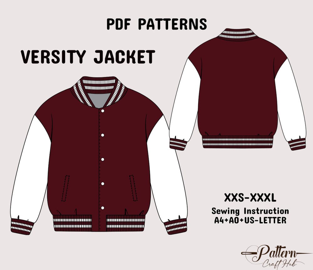 Snorider Design Baseball Jacket Sewing Pattern, Varsity Jacket Pattern, Digital Pdf Bomber Jacket Pattern In A4+A0+Us-Letter + Detailed Instruction Xxs- 3Xl