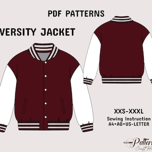 Padrão de costura de jaqueta de beisebol, padrão de jaqueta universitária, padrão de jaqueta bomber em PDF digital em A4+A0+US-Letter + instruções detalhadas XXS-3XL