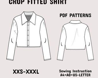 Womens crop Fitted Shirt Sewing Pattern| Long Sleeve Button Front Cropped Blouse Pattern Pdf A4+A0+US Letter+ Instruction XXS-3XL