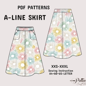 Midi skirt sewing pattern, A line skirt pattern,Flare skirt with pocket, pdf printable sewing pattern  A4+A0+US Letter+ Instruction XXS–XXXL