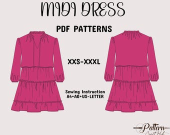 Midi Dress Sewing Pattern, Long Sleeve, Sizes XXS-XXXL (A4+A0+US Letter)