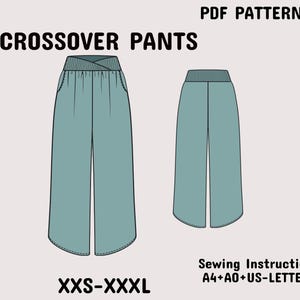 May include: A digital illustration of crossover pants featuring a wide-leg silhouette, a ribbed waistband, and side pockets. The text reads PDF PATTERNS, CROSSOVER PANTS, XXS-XXXL, and Sewing Instruction A4+A0+US-LETTER in black on a light background.