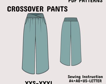 Może przedstawiać: Cyfrowa ilustracja spodni typu crossover z szerokimi nogawkami, prążkowanym pasem i kieszeniami bocznymi. Tekst brzmi PDF PATTERNS, CROSSOVER PANTS, XXS-XXXL oraz Sewing Instruction A4+A0+US-LETTER w kolorze czarnym na jasnym tle.