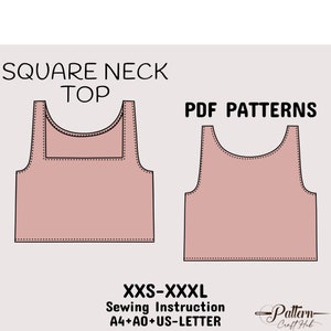 Patrón de blusa minimalista sin mangas, patrón de costura de blusa corta con escote cuadrado, patrón de estilo moderno para mujer en A4 + A0 + Carta de EE. UU. + Instrucciones XXS-XXXL