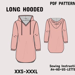 May include: A technical drawing of a long hooded garment in dusty pink, showing front and back views. Text includes PDF PATTERNS, LONG HOODED, XXS-XXXL, and Sewing Instruction A4+A0+US-LETTER. The design features a V-neckline and hood.