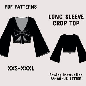 May include: A black long-sleeve crop top pattern with a V-neck and bow detail. The image includes the text "PDF PATTERNS" and "LONG SLEEVE CROP TOP". The pattern is available in sizes XXS-XXXL. Sewing instructions are included.