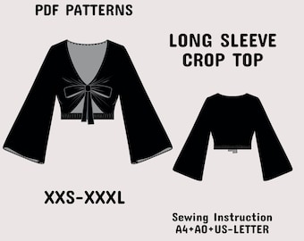 Bell Sleeve Crop Top Sewing Pattern – Front Tie Boho Blouse (XXS-3XL) (PDF Pattern)
