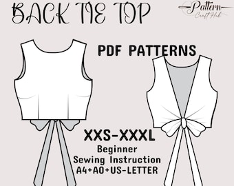 Back Tie Top Sewing Pattern, Open Back Top, Womens Crop Top, Tie Blouse Sewing Pattern for WomenS in A4+A0+US Letter+ Instruction, XXS-XXXL