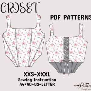 Patrón de corsé superior, cordón ajustable en la espalda, patrón de costura de bustier en A4 + A0 + carta de EE. UU. + instrucciones, XXS-XXXL, patrón para corsé superior para mujer