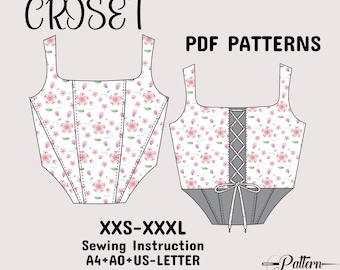 Mönster för sömnad av korsetttopp för kvinnor, justerbar digital nedladdning, snörning, utskrivbar bustier i PDF-format, A4+A0+US Letter Instructions XXS-XXXL