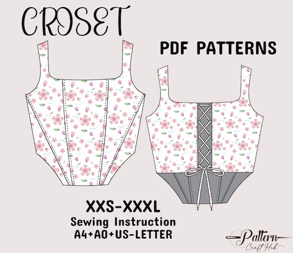 Women Corset Top Sewing Pattern, Adjustable Digital Download Lace Up Printable Bustier Pdf  A4+A0+US Letter Instruction XXS-XXXL