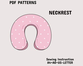 Może przedstawiać: Różowa poduszka pod szyję z białymi kropkami. Tekst "NECKREST" jest wyświetlany na czarno, wraz z "PDF PATTERNS" i "Sewing Instruction A4+AO+US-LETTER". Poduszka pod szyję to poduszka w kształcie litery U, prawdopodobnie do podróży lub relaksu.