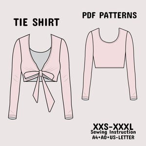 Front Tie Top Sewing Pattern, Tie Blouse, Open Front Wrap Top Pattern, Women's Crop Top Sewing Pattern A4+A0+US-Letter + Instruction XXS-3XL