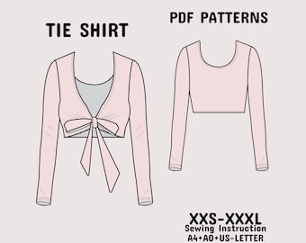 Front Tie Top Sewing Pattern, Tie Blouse, Open Front Wrap Top Pattern, Women's Crop Top Sewing Pattern A4+A0+US-Letter + Instruction XXS-3XL