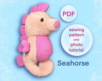 Seahorse plushie sewing pattern photo tutorial, seahorse stuffed animal PDF digital download