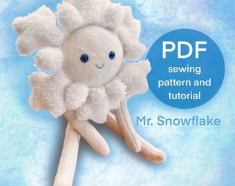 Snowflake plushie toy sewing pattern photo tutorial, Christmas plushy PDF digital download