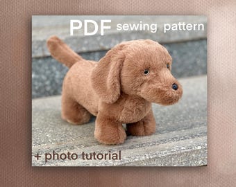 Dachshund puppy plushie sewing pattern photo tutorial, dog stuffed animal PDF digital download