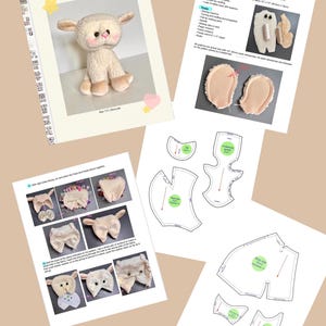 May include: A sewing pattern for a plush lamb toy. The pattern includes instructions and templates for cutting out the fabric pieces. The finished lamb is approximately 19 cm tall.
