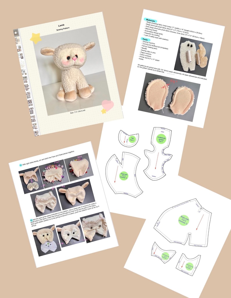 May include: A sewing pattern for a plush lamb toy. The pattern includes instructions and templates for cutting out the fabric pieces. The finished lamb is approximately 19 cm tall.