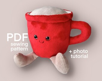 Coffee Mug plushie sewing pattern photo tutorial, teacup toy PDF digital download 8.5” tall