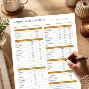 Può includere: Un foglio stampato di pianificatore di budget mensile con sezioni per entrate, spese variabili, spese fisse, risparmi, debiti e una lista di controllo delle bollette. Il documento è intitolato Monthly Budget Planner per luglio 2020.