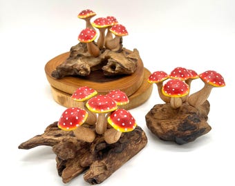 Wood Carved Red Mushroom Decoration