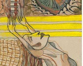 May include: A mixed media drawing with a yellow, brown, and green color scheme. The drawing features a stylized human figure with outstretched arms, a woven basket, and a tree with green leaves.