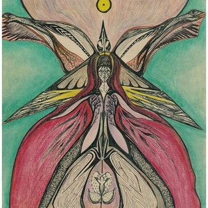 May include: A colorful abstract drawing with a central figure with wings and a crown. The figure is surrounded by intricate patterns and lines. The background is a teal green color.