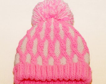 Hand Knitted Two-Tone Hat: Pink & Light Pink, 12-24 Month