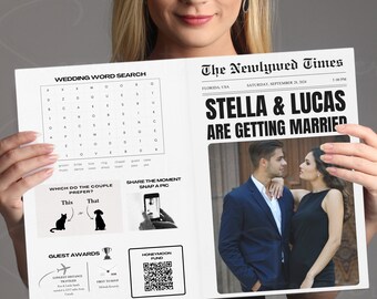 Hochzeitszeitung bearbeitbares Programm in Canva, gefaltete große Zeitungsprogrammvorlage, bearbeitbare Hochzeitsinfografik, DIY-Fotoeinladung