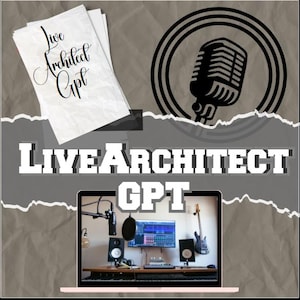 May include: A computer screen showing a music production software interface with a microphone, speakers, and a guitar in the background. The text "LIVE ARCHITECT GPT" is displayed on a torn piece of paper in front of the screen.