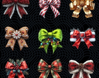 Lazos navideños coquetos: paquete de 9 elegantes archivos PNG, perfectos para sublimación, decoración y manualidades navideñas, colección de PNG digitales navideños