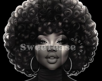 Belleza afrocéntrica en monocromo / PNG digital para camisetas, carteles y arte mural de niña negra / Elegante mujer afro en decoración en blanco y negro