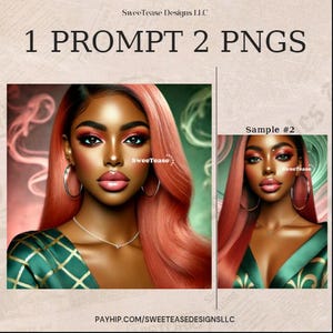 Pode incluir: Uma ilustração digital de uma mulher com cabelo rosa, usando grandes brincos de argola e uma blusa com estampa verde e dourada. O fundo é uma imagem desfocada de redemoinhos rosa e verdes.