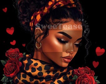 Mujer afro romántica con bufanda de leopardo y rosas / Arte digital PNG / Fondos oscuros y claros / Camiseta, arte de pared, calcomanías, regalos