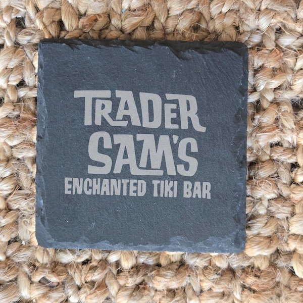 Trader Sam's Tiki Bar Set of 4 Engraved Slate Drink Coasters, Disney World Vacation Gift, Disneyland Resorts Keepsake Tiki Room Grog Grotto