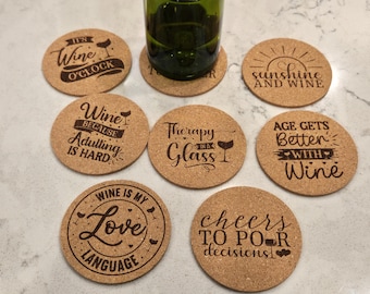 8 Pack Wine Drinking Coasters, Engraved Cork Table Protectors, Gift For Wine Lover, Fun Wine Sayings, Wine Club Entertaining Home Bar Decor