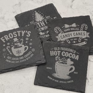 Christmas Slate Coasters Set – Hot Cocoa, Candy Cane & Holiday Café Designs | Rustic Winter Drink Bar Décor Gift