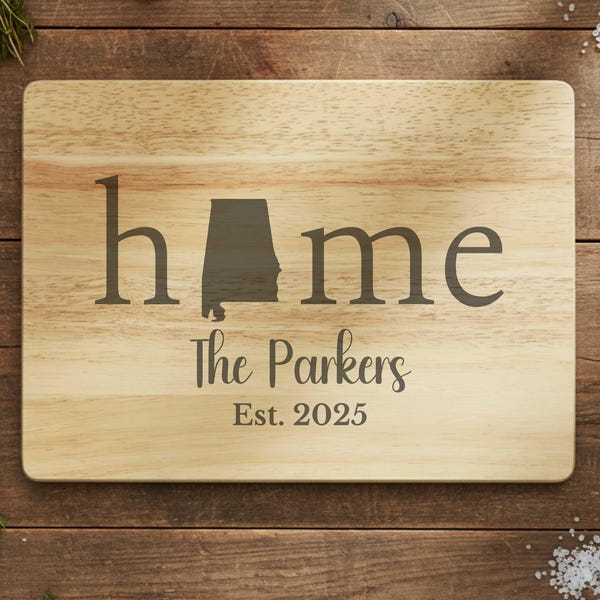 Personalized Alabama Housewarming Gift, Engraved Alabama Home Acacia Wood Charcuterie or Cutting Board, New Home Present, Moving To Alabama