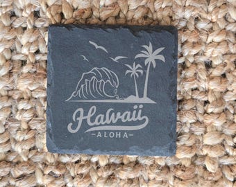 Hawaii House Warming Gift, Custom Hawaii Beach Stone Coasters, Hawaiian Home Decor, Hawaii Travel Souvenir, Tropical Beach House Barware