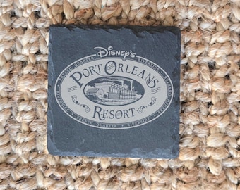 Port Orleans Riverside & French Quarter Resort Set of 4 Engraved Slate Drink Coasters, Disney World Vacation Gift, Disney Lovers Gift