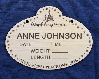 Custom Disney Baby Announcement Sign, Disney World or Disneyland Cast Member Badge Baby Sign, Baby Name With Birth Stats, Sign for Hospital