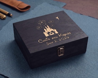 Personalized Disney-Inspired Wedding Memory Box, Custom Mickey and Minnie Keepsake Gift, Engraved Wooden Anniversary Box with Castle