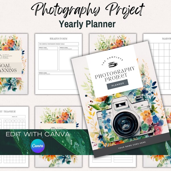 Jaarlijkse fotografie Business Planner - 62 pagina's - 8.5x11 - Canva-sjabloon