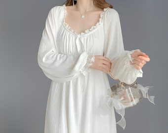 Women Nightgown, Vintage Nightwear,  Victorian Nightie, Long Sleeve Night Dress, Loose White Nightdress, Loose Nightshirt