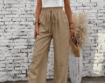 Summer Women Elastic Waist Cotton Pants Soft Casual Loose Boho Trousers Wide Leg Pant Customized Plus Size Pants Linen Spring Pant